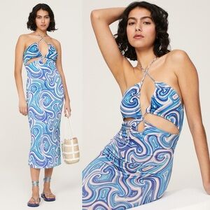 RONNY KOBO 70s Psychedelic Print Cutout Crisscross‎ Halter Neck Sheath Dress 6